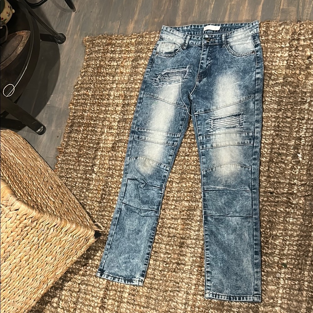 GS-115 Acid Washed Biker Denim Jeans Size 14